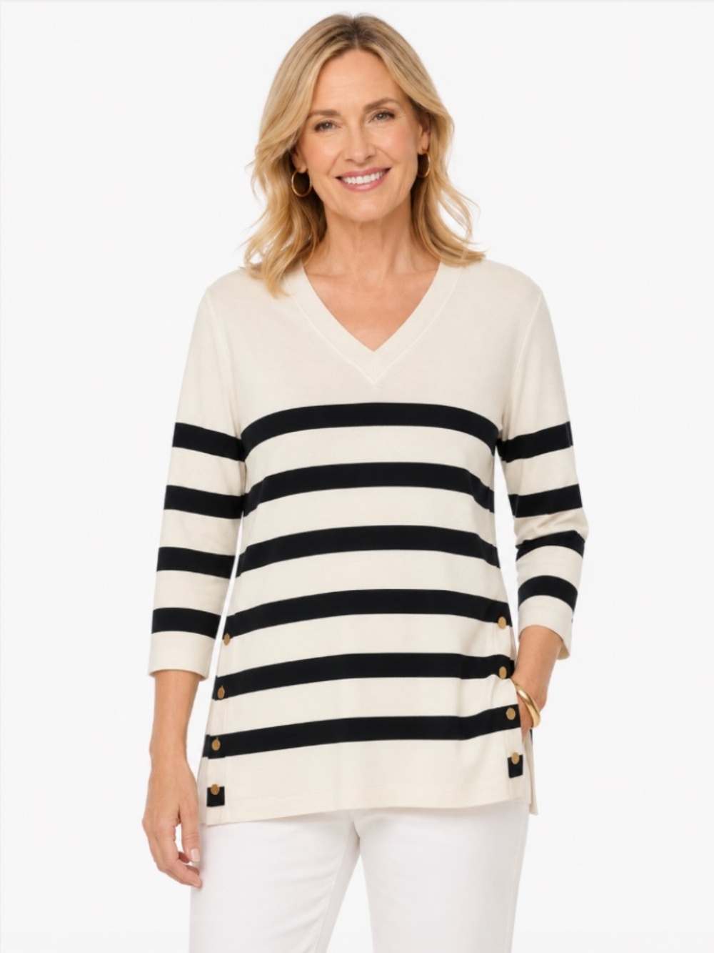 Chico's Cotton Stripe V Neck Nautical Tunic 3/4 Sleeve Basic Knit Size XL NWT